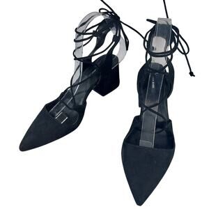 ZARA BASIC! BLACK GENUINE LEATHER CHUNKY HEEL POINTY, LACED ANKLE HEELS! SZ 8.5M